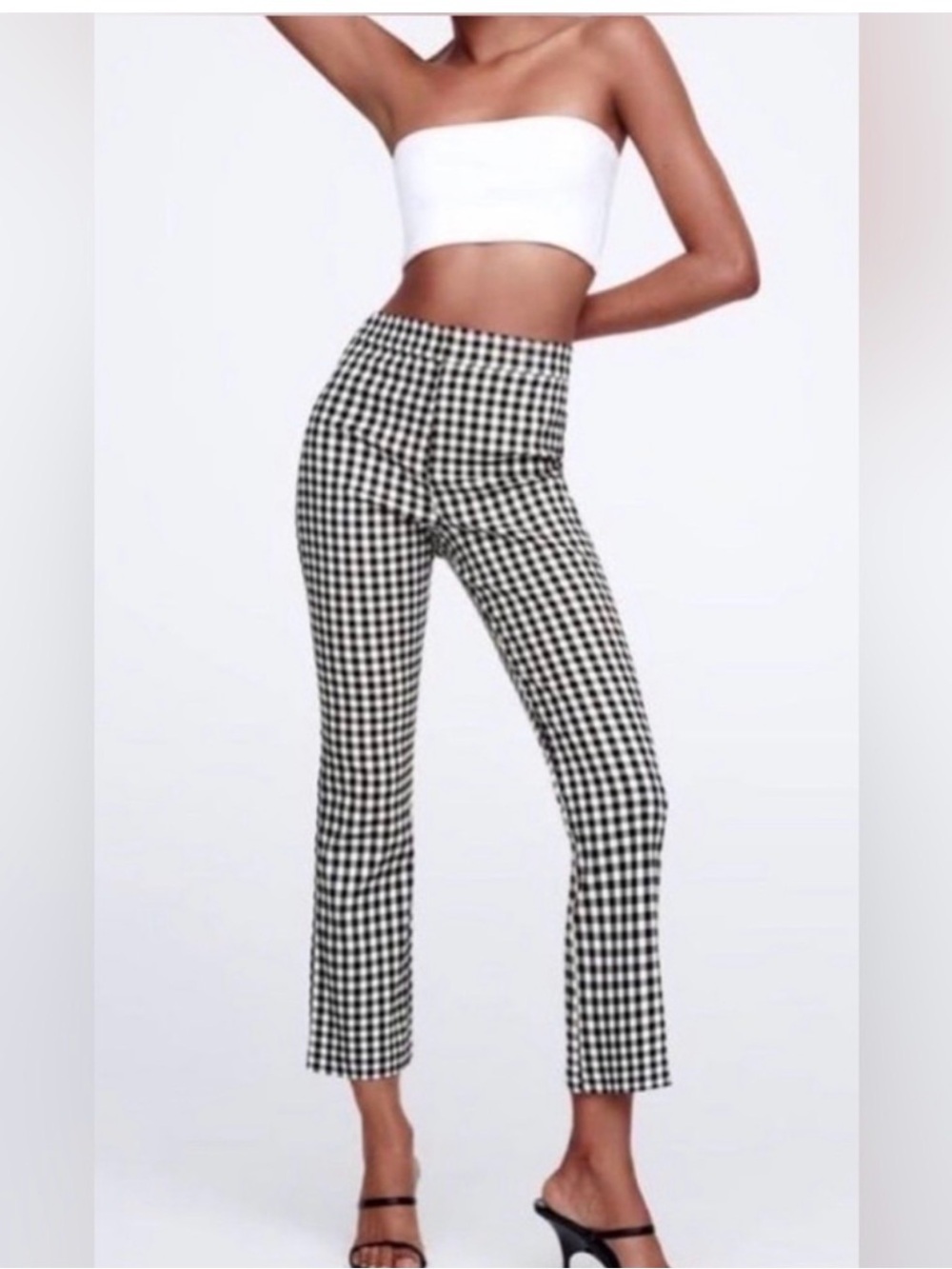 Zara Black & White Gingham Cropped Stretch Timeless Kick Flare Pants Size L
